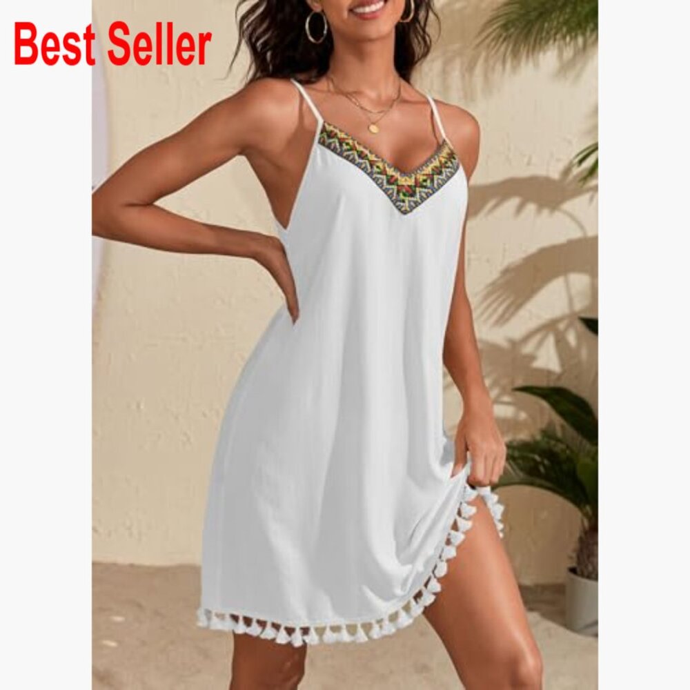 Polyester V-Neck Spaghetti Strap Embroidered Sund… - image 3